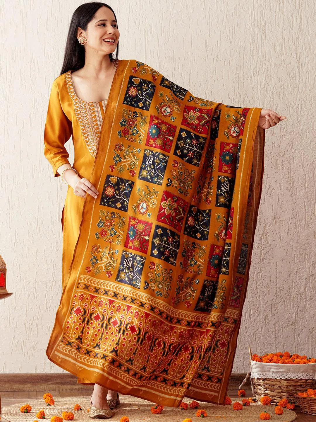 Mustard Embroidered Silk Blend Straight V-Neck Kurta Sets With Dupatta