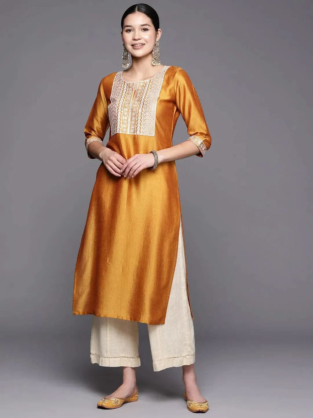 Mustard Yoke Design Silk Straight Kurta - Libas