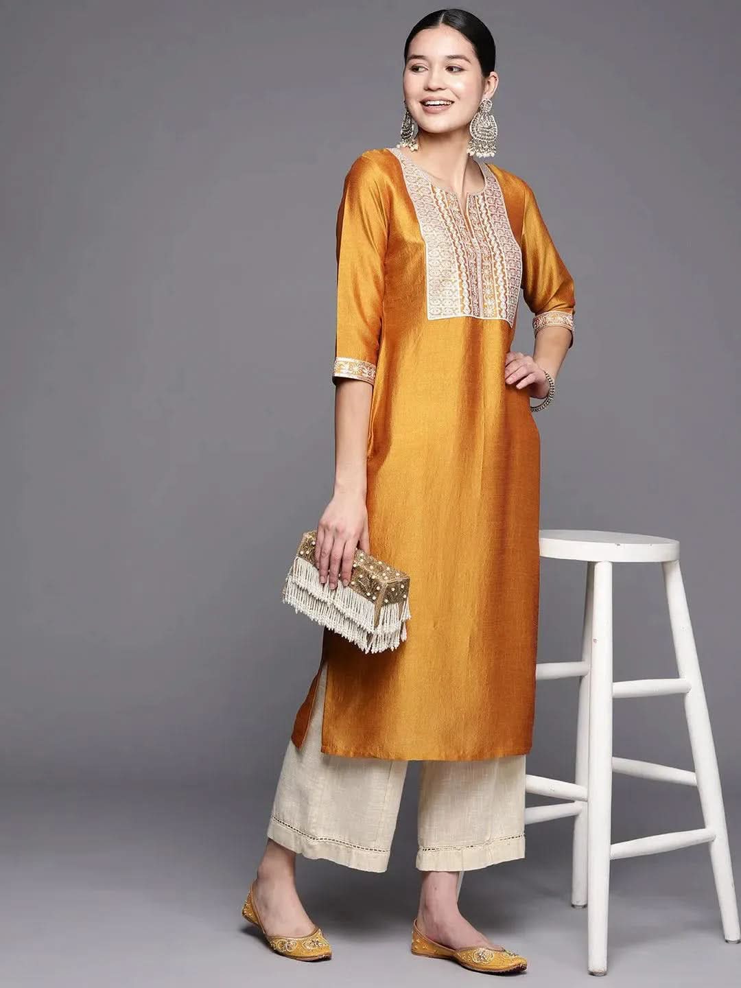 Mustard Yoke Design Silk Straight Kurta - Libas