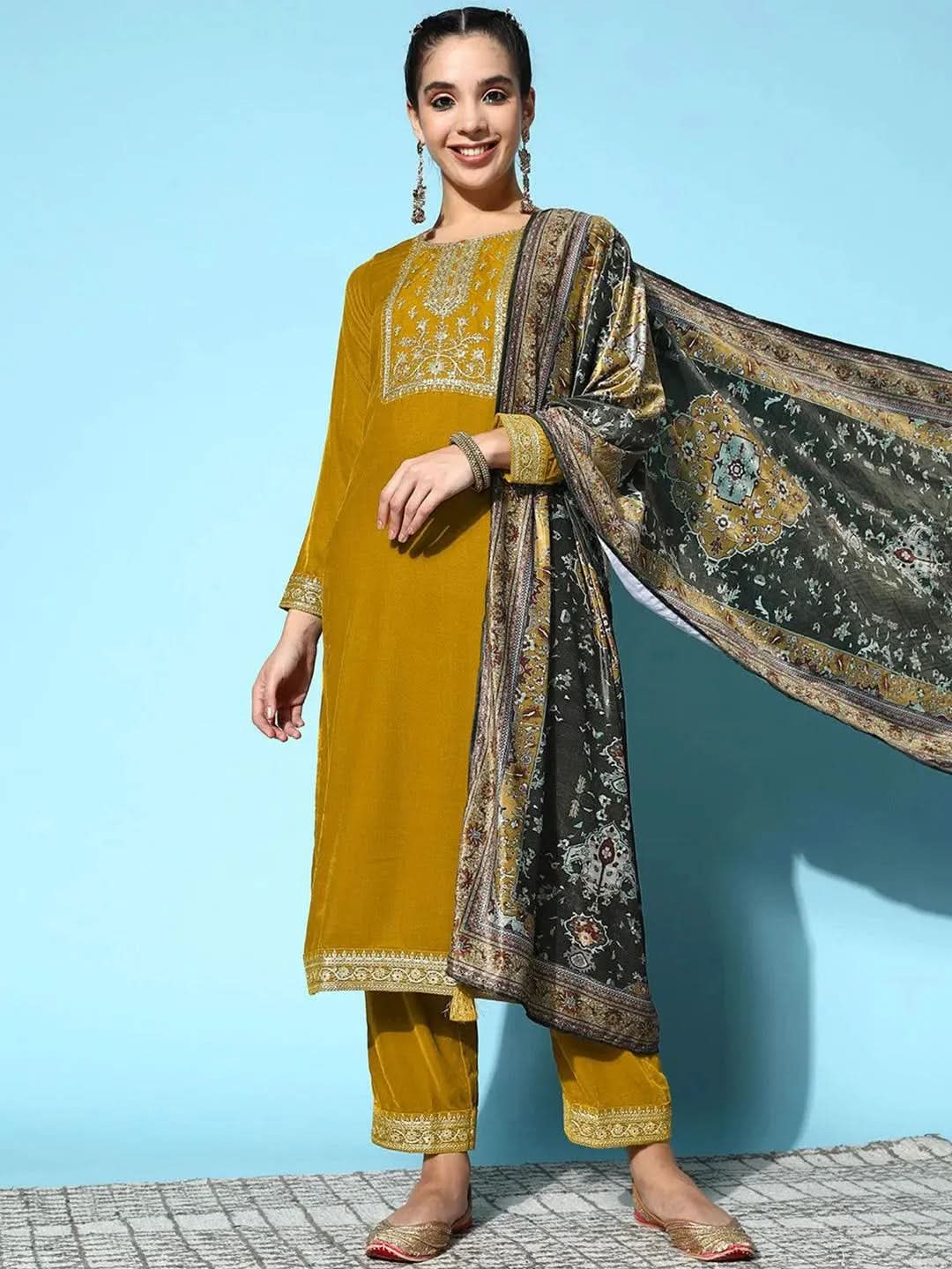 Mustard Yoke Design Velvet Straight Suit Set - Libas