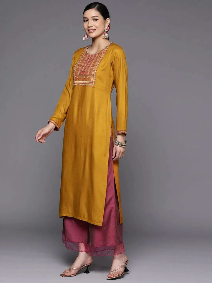 Mustard Yoke Design Wool Straight Kurta - Libas