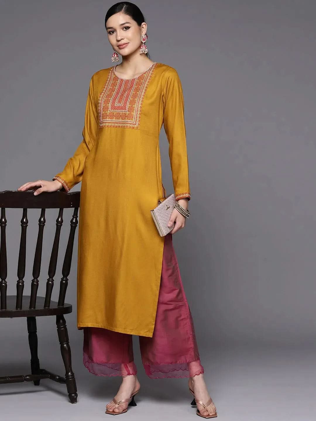 Mustard Yoke Design Wool Straight Kurta - Libas