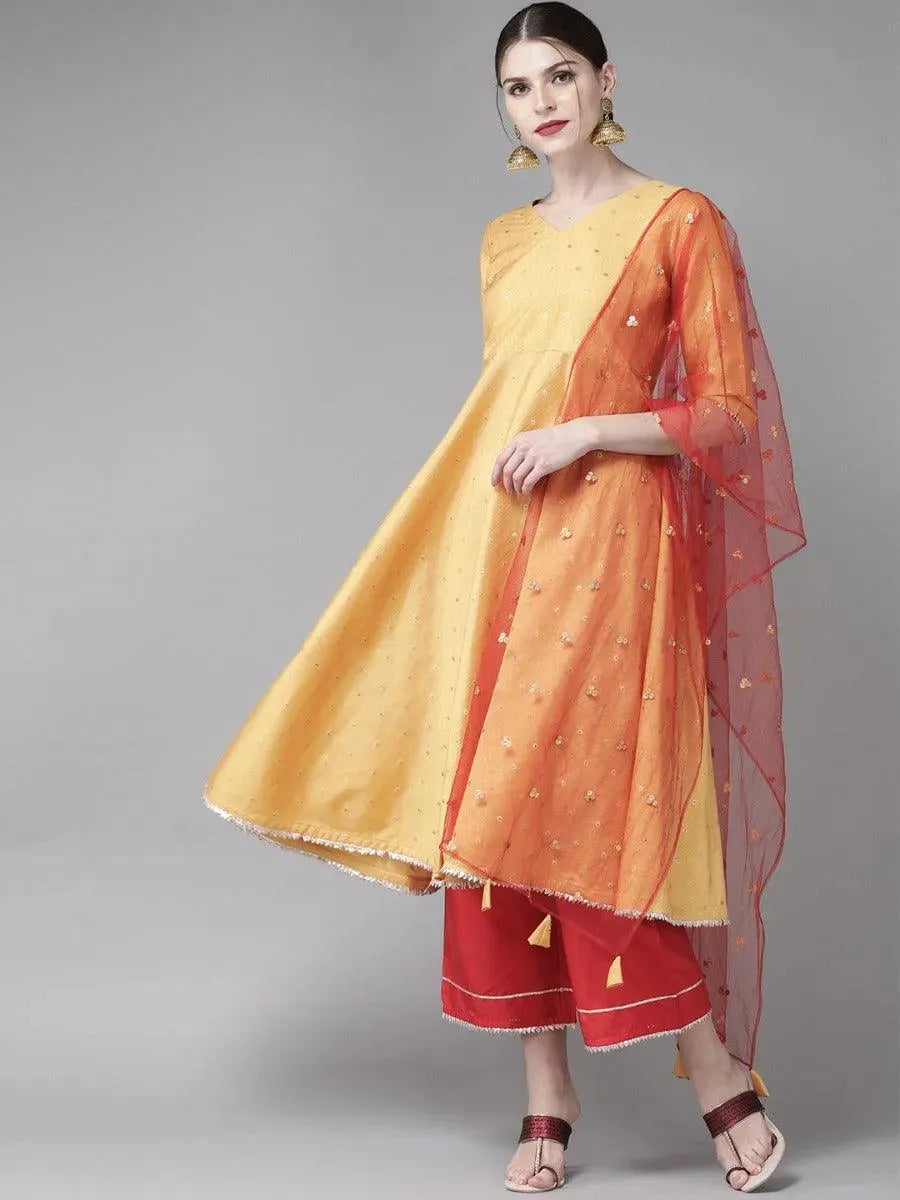 Mustard Zari Work Chanderi Suit Set - Libas