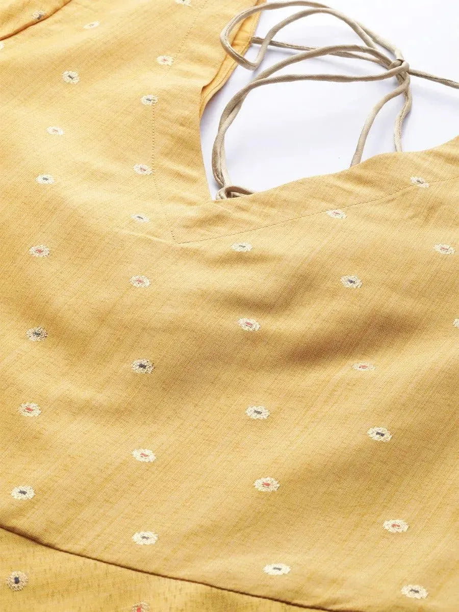 Mustard Zari Work Chanderi Silk Anarkali Kurta With Palazzos & Dupatta
Mustard Zari Work Chanderi Silk Anarkali Kurta With Palazzos & Dupatta