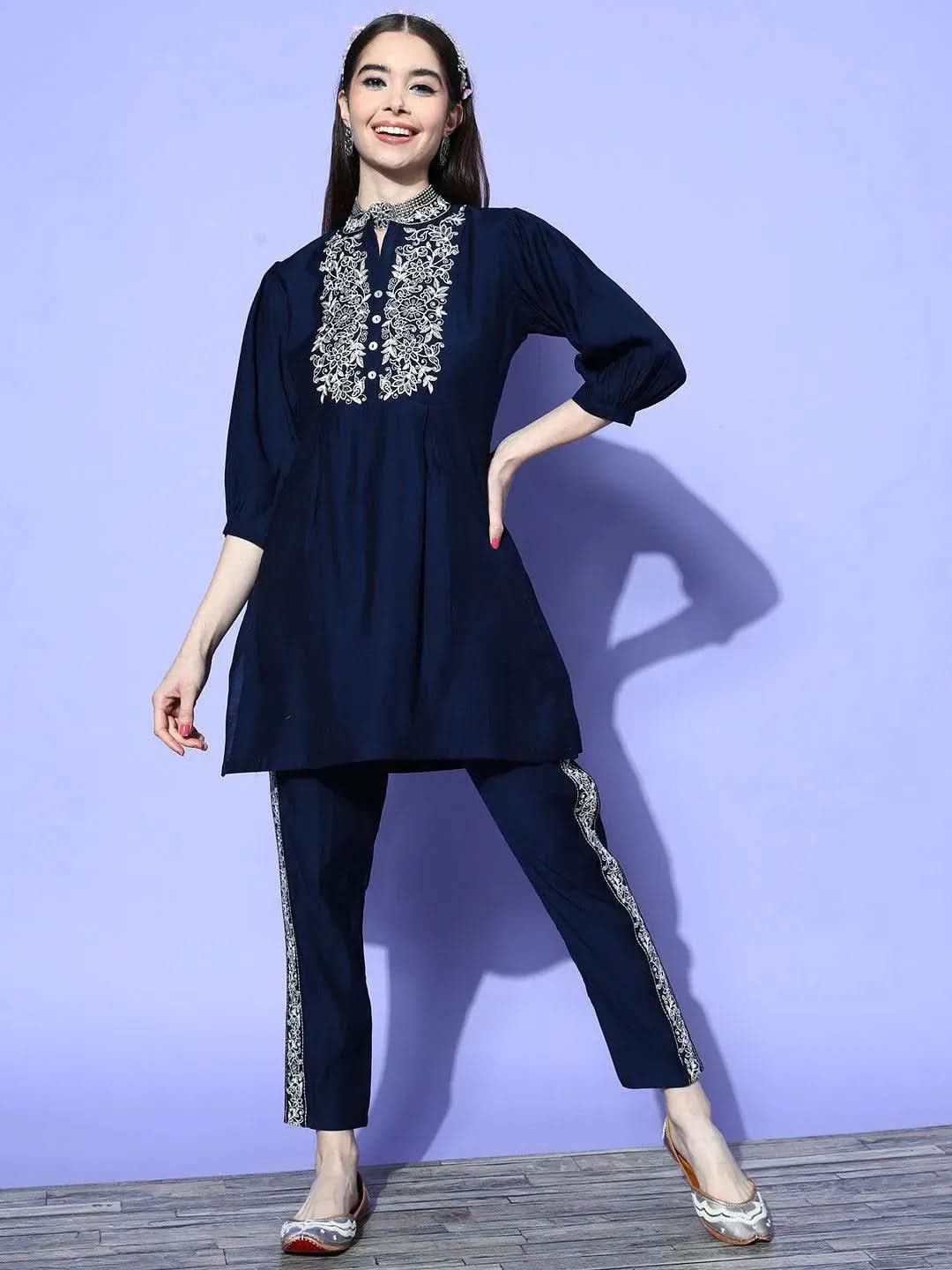 Navy Blue Embellished Silk Blend Tunic With Trousers
Navy Blue Embellished Silk Blend Tunic With Trousers