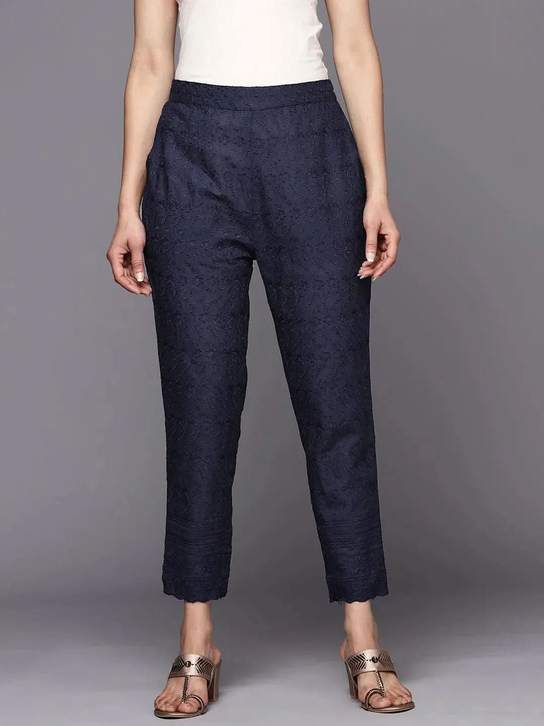 Navy Blue Embroidered Cotton Trousers - Libas