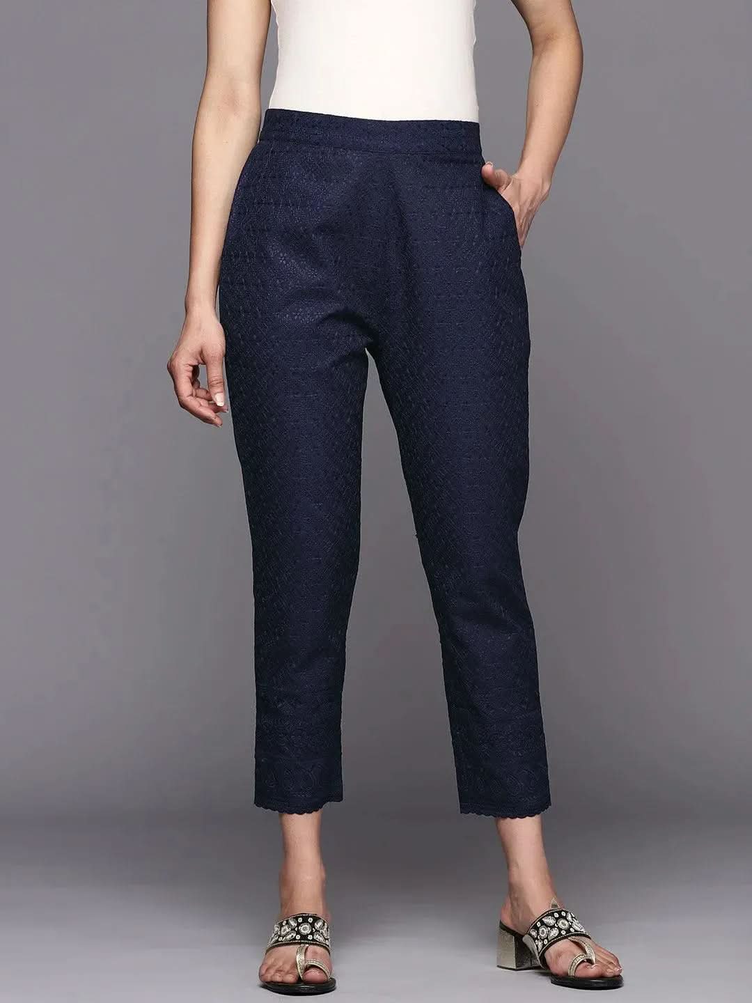 Navy Blue Embroidered Cotton Trousers - Libas