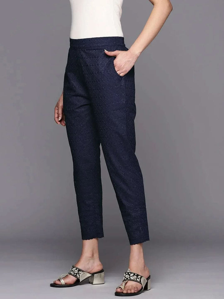 Navy Blue Embroidered Cotton Trousers - Libas