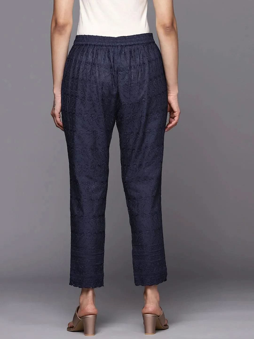 Navy Blue Embroidered Cotton Trousers - Libas