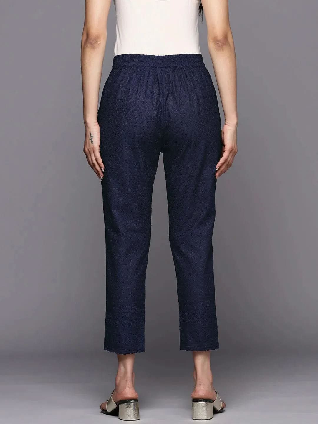 Navy Blue Embroidered Cotton Trousers - Libas