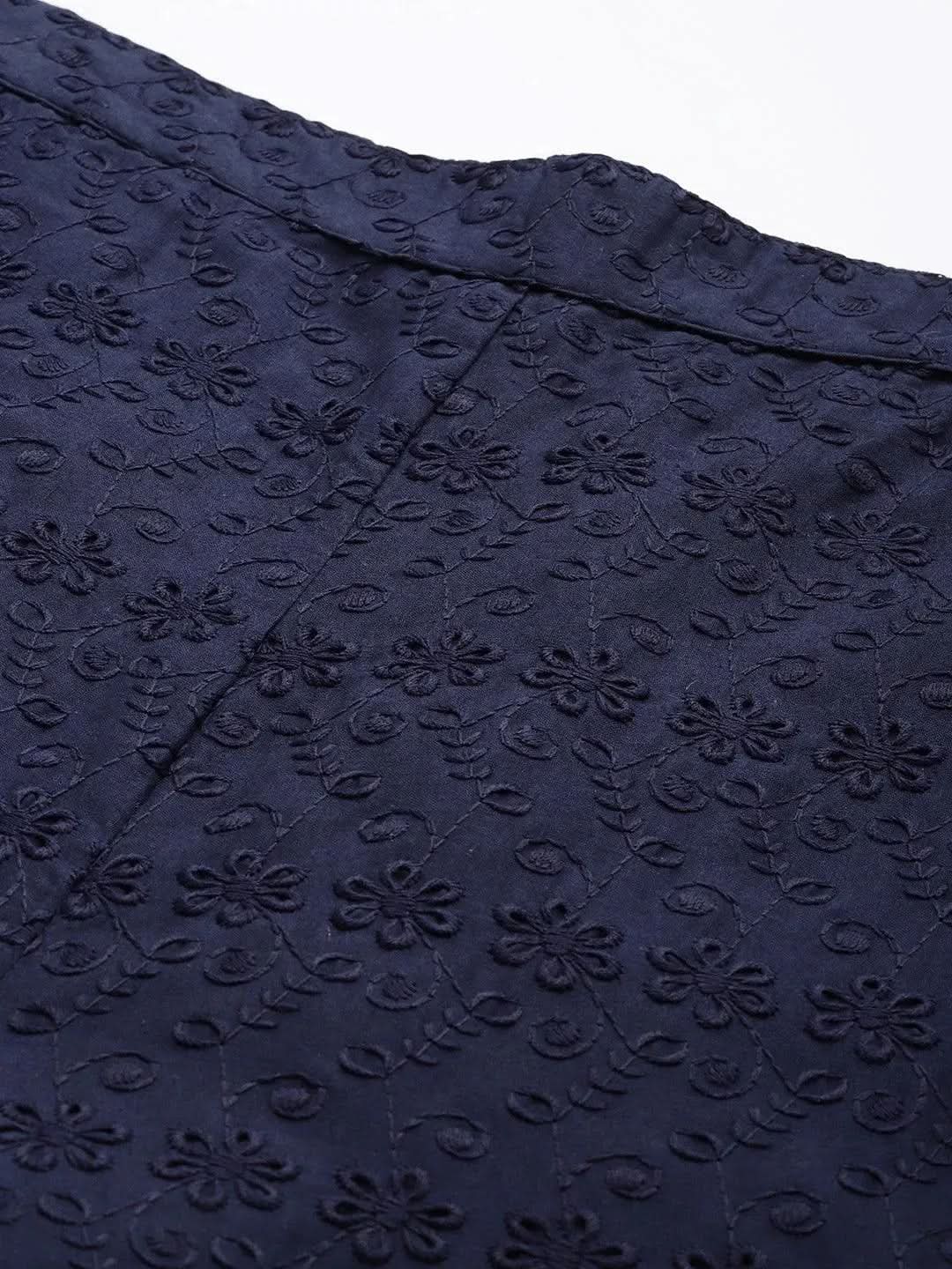 Navy Blue Embroidered Cotton Trousers - Libas