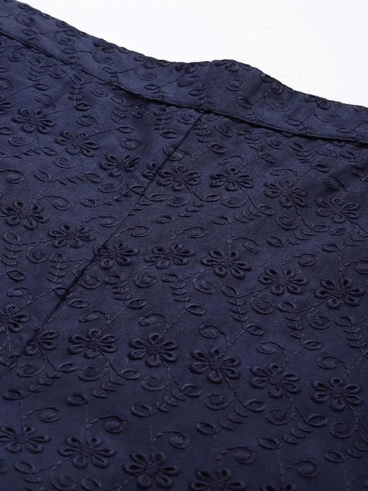 Navy Blue Embroidered Cotton Trousers - Libas