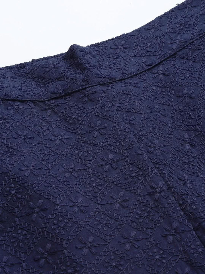 Navy Blue Embroidered Cotton Trousers - Libas
