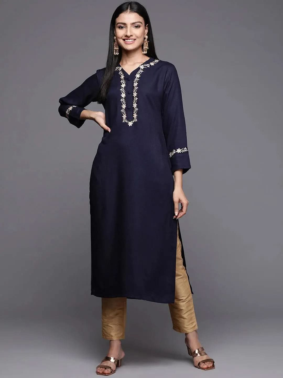 Navy Blue Embroidered Pashmina Wool Straight Kurta - Libas