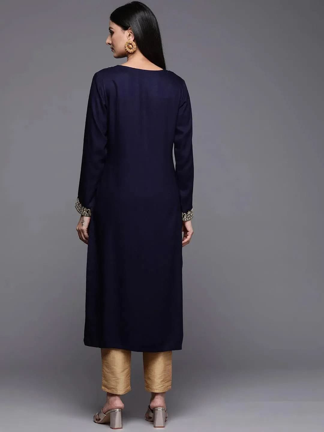 Navy Blue Embroidered Pashmina Wool Straight Kurta - Libas