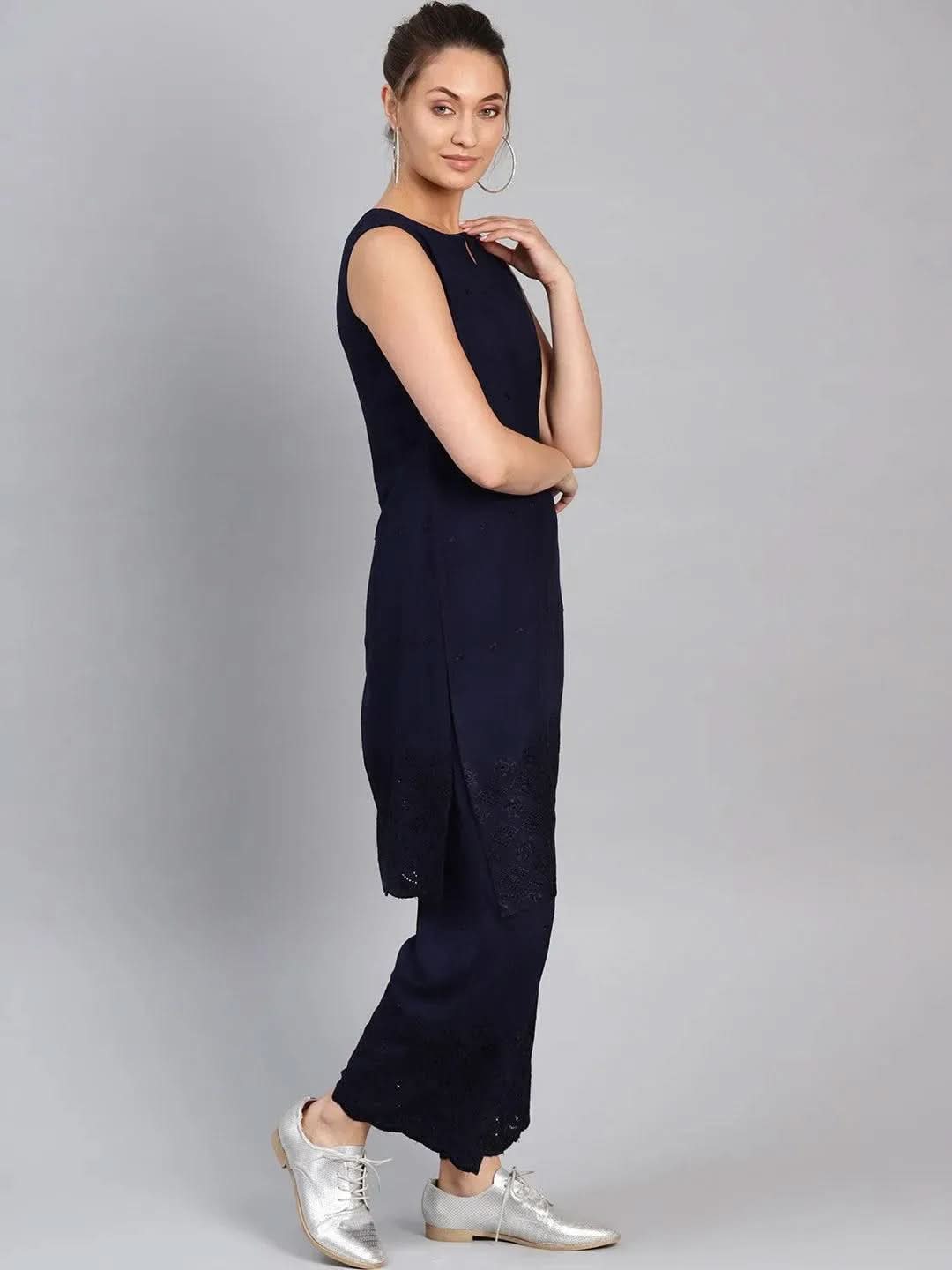 Navy Blue Embroidered Rayon Kurta Set - Libas