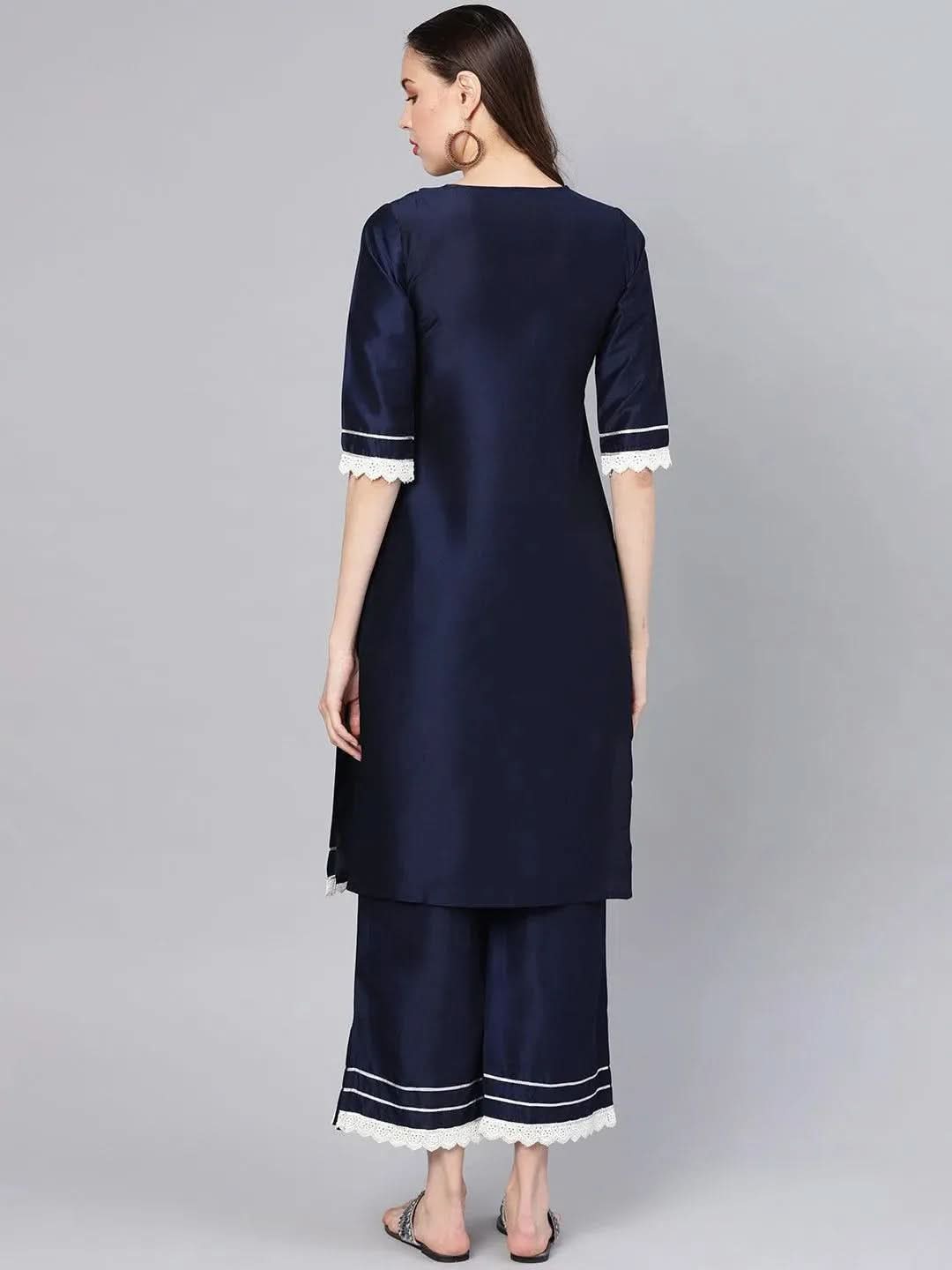 Navy Blue Embroidered Silk Kurta Set - Libas