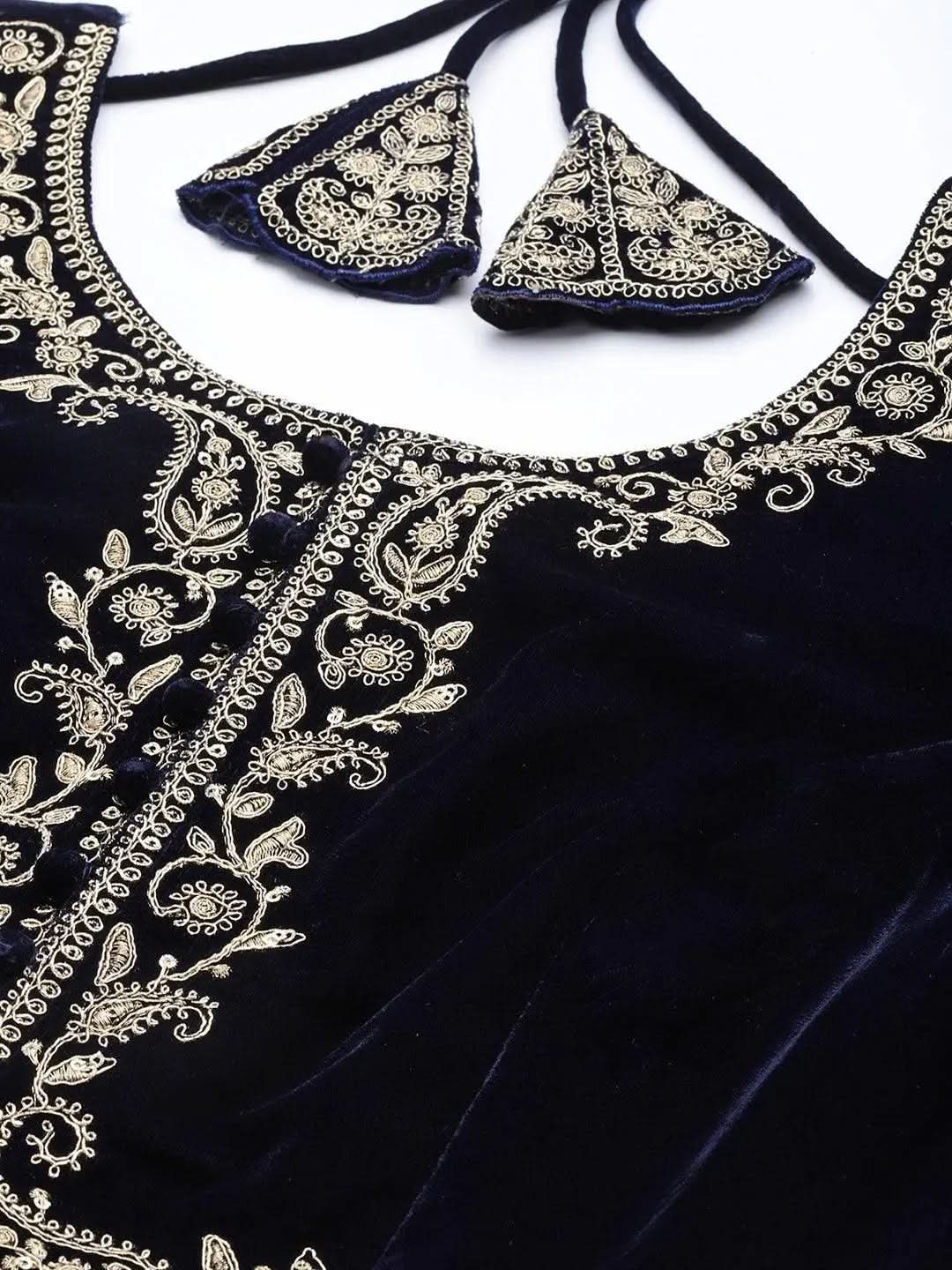 Navy Blue Embroidered Velvet Anarkali Kurta With Trousers & Dupatta
Navy Blue Embroidered Velvet Anarkali Kurta With Trousers & Dupatta