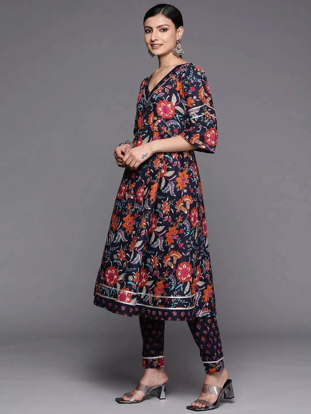 Navy Blue Printed Cotton Anarkali Kurta Set With Trousers - Libas