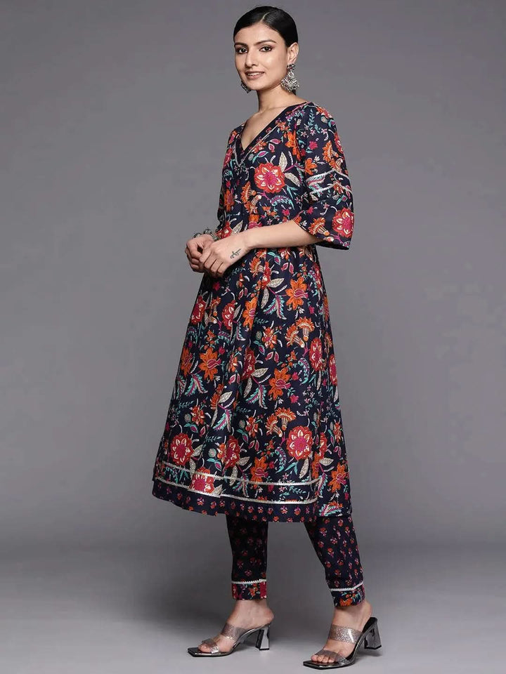 Navy Blue Printed Cotton Anarkali Kurta Set With Trousers - Libas