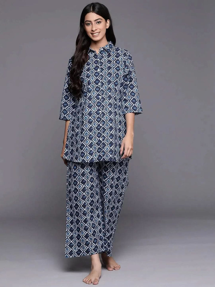 Navy Blue Printed Cotton Night Suit - Libas