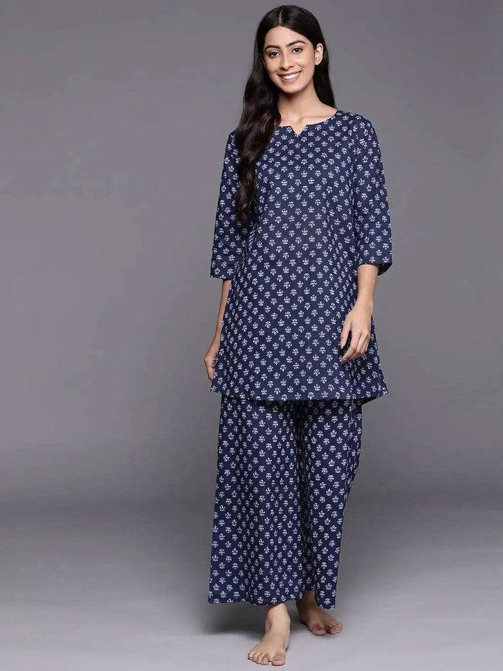 Navy Blue Printed Cotton Night Suit - Libas
