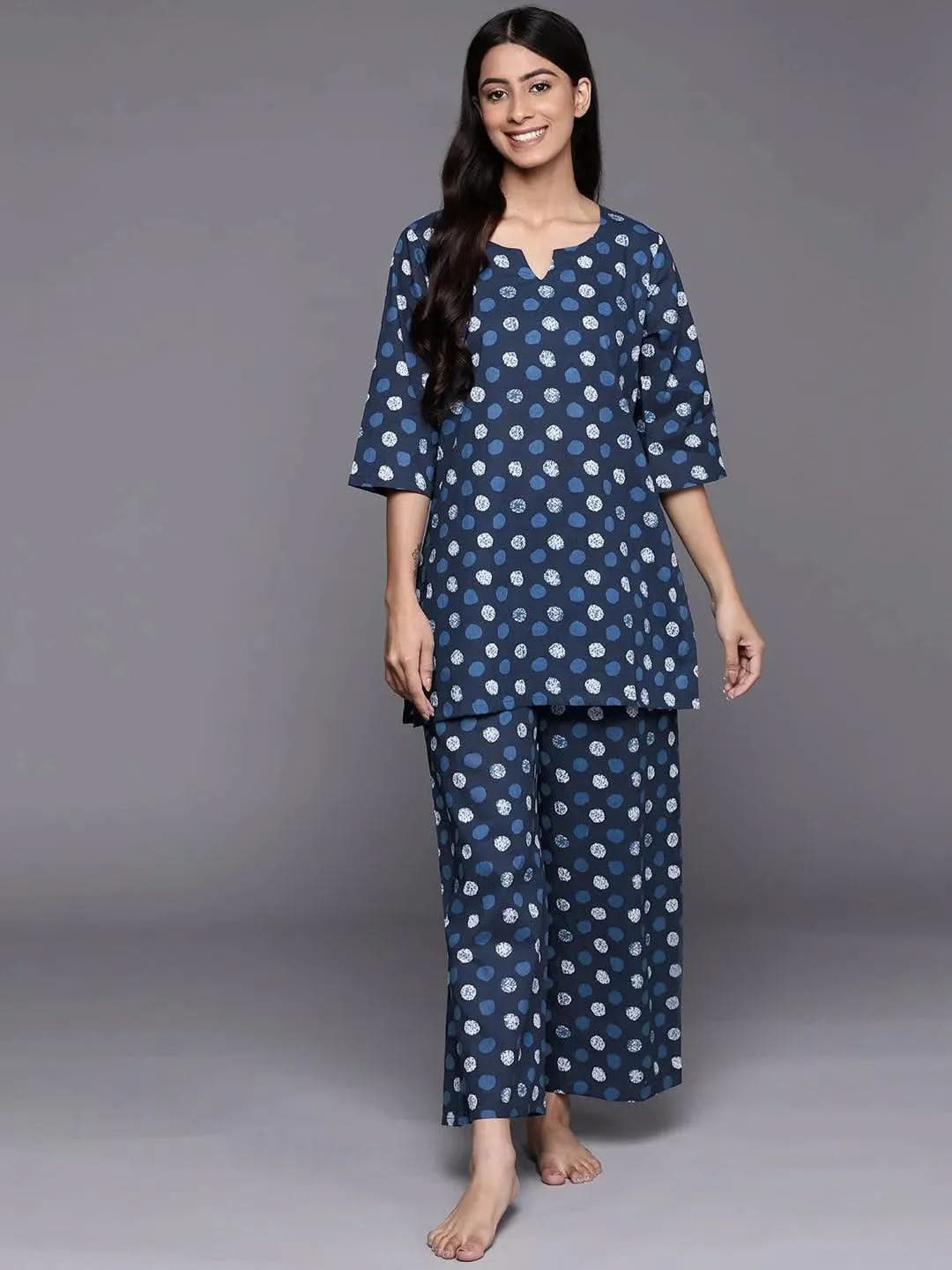 Navy Blue Printed Cotton Night Suit - Libas