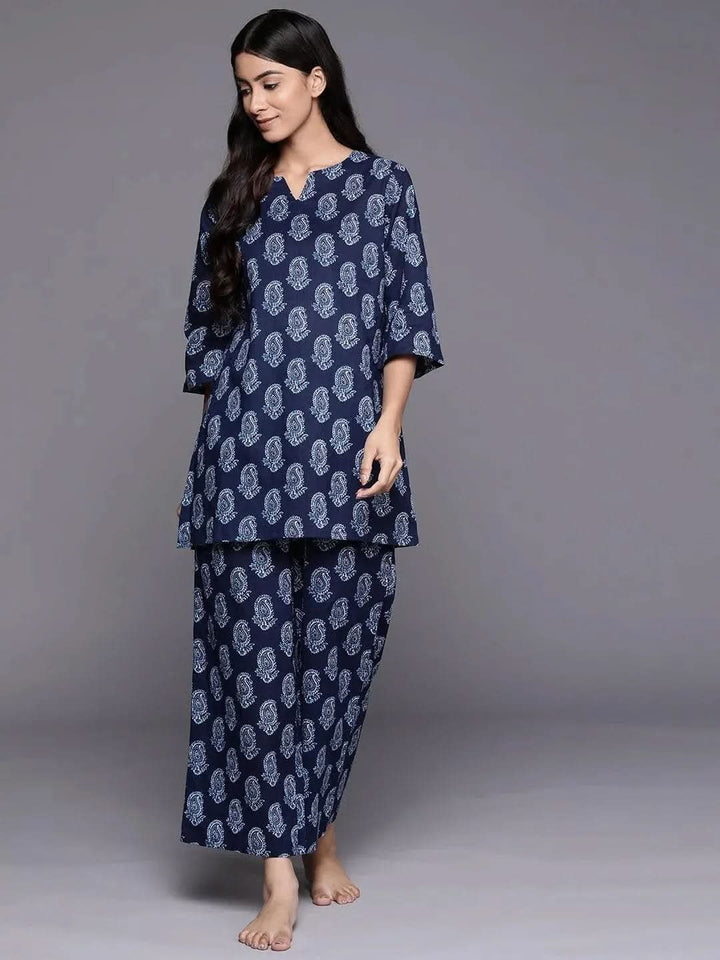 Navy Blue Printed Cotton Night Suit - Libas