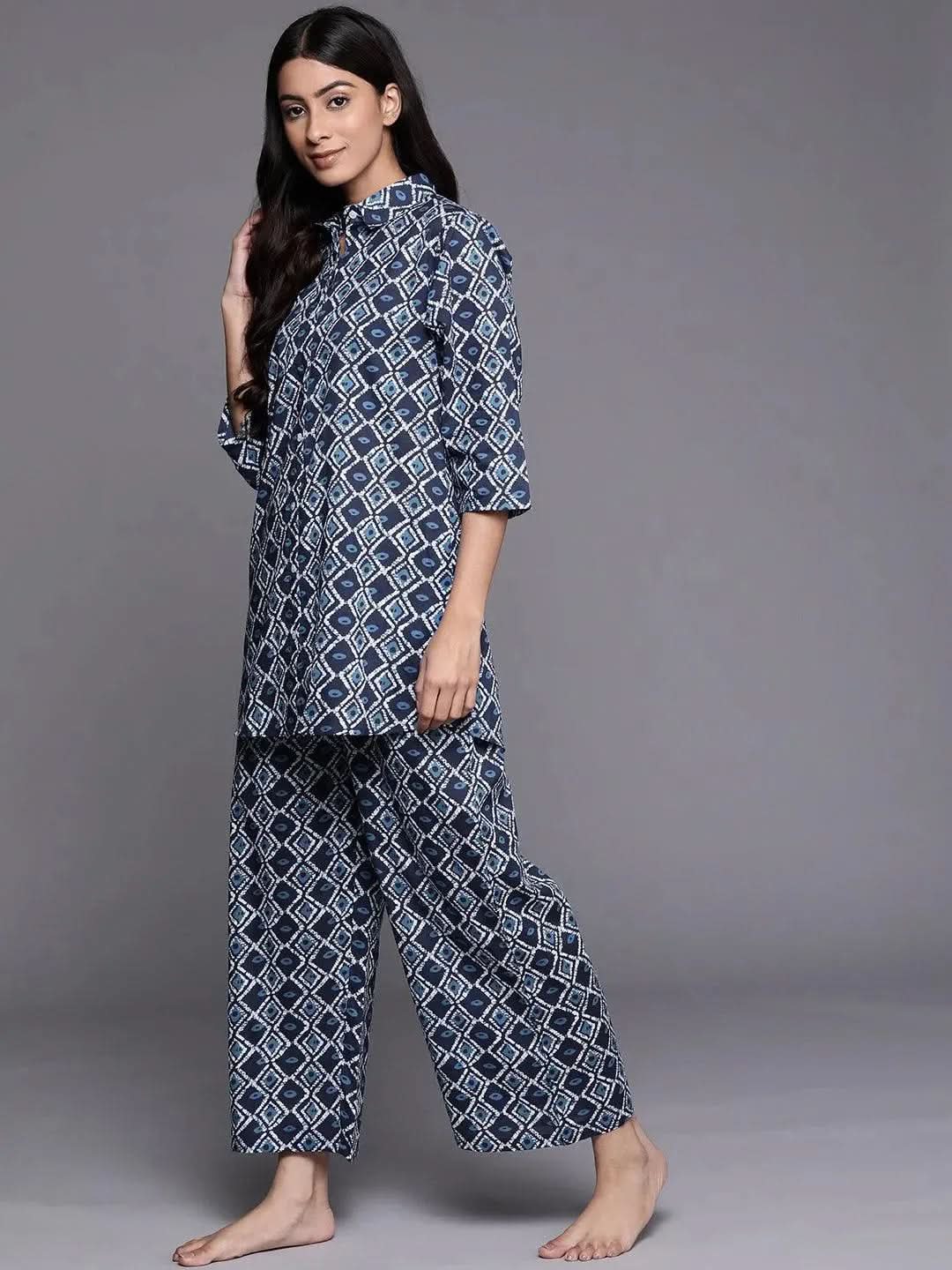 Navy Blue Printed Cotton Night Suit - Libas