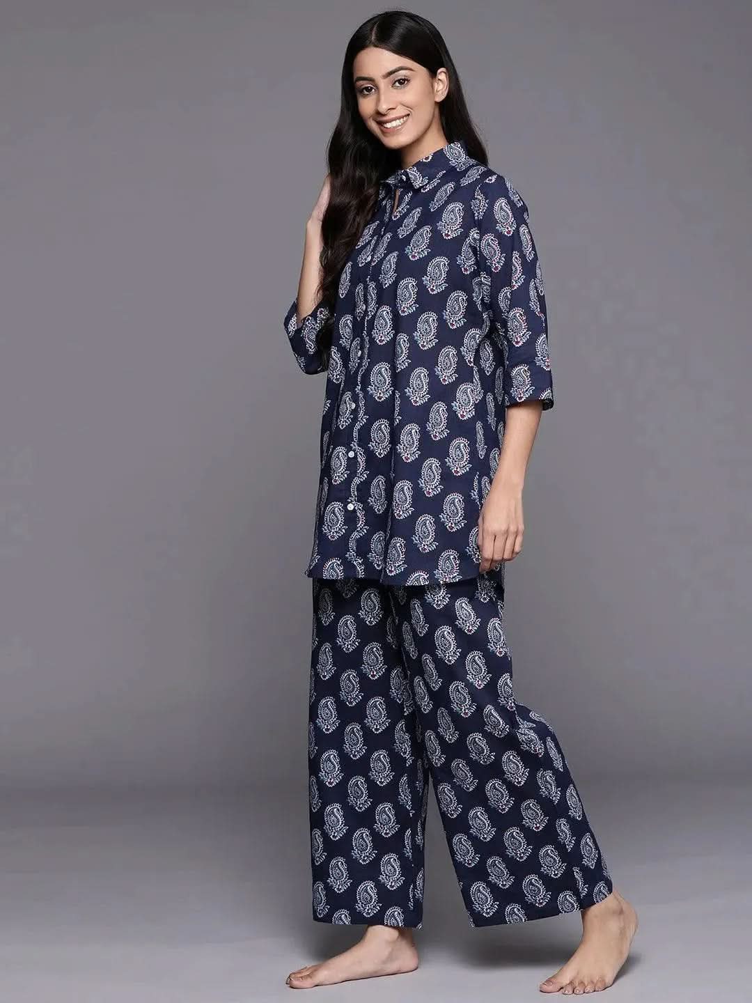 Navy Blue Printed Cotton Night Suit - Libas