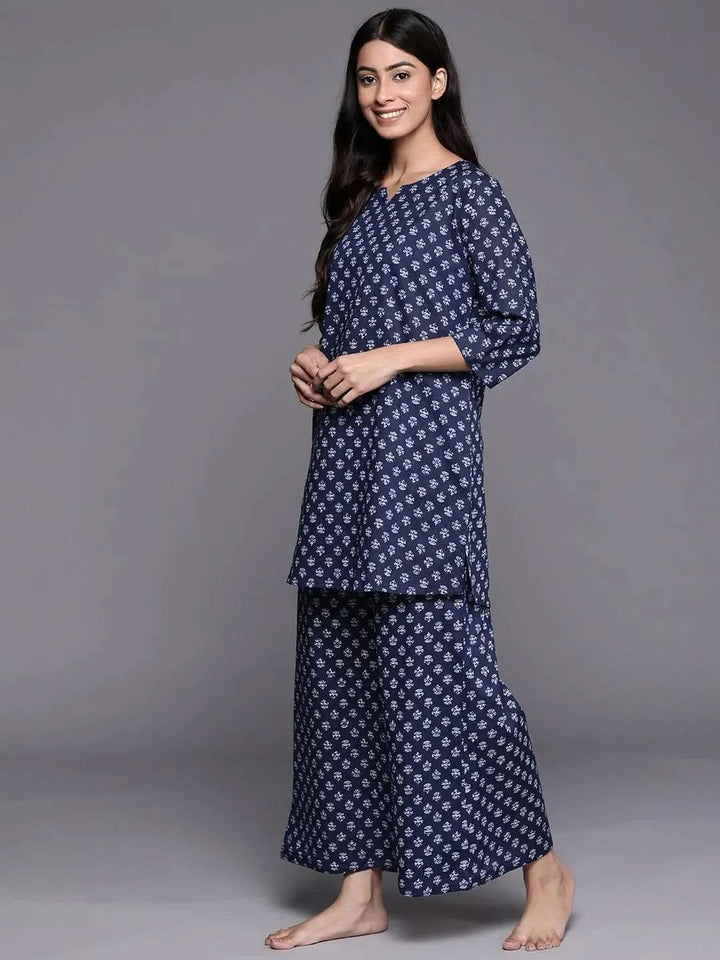Navy Blue Printed Cotton Night Suit - Libas