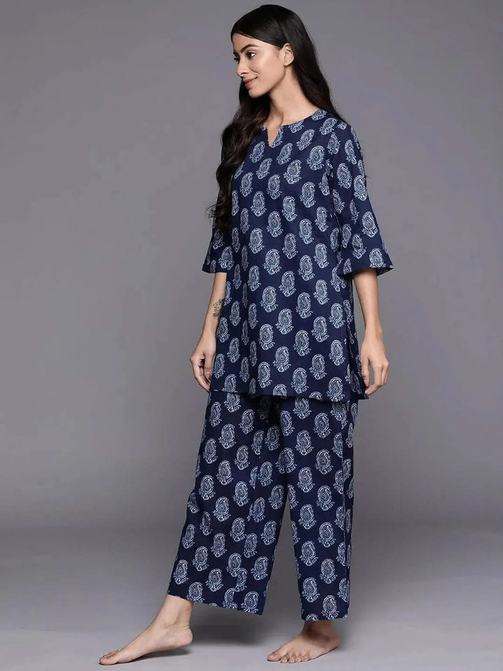 Navy Blue Printed Cotton Night Suit - Libas