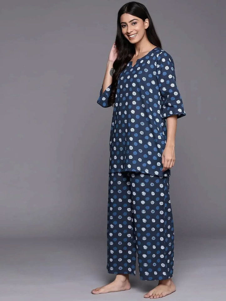 Navy Blue Printed Cotton Night Suit - Libas