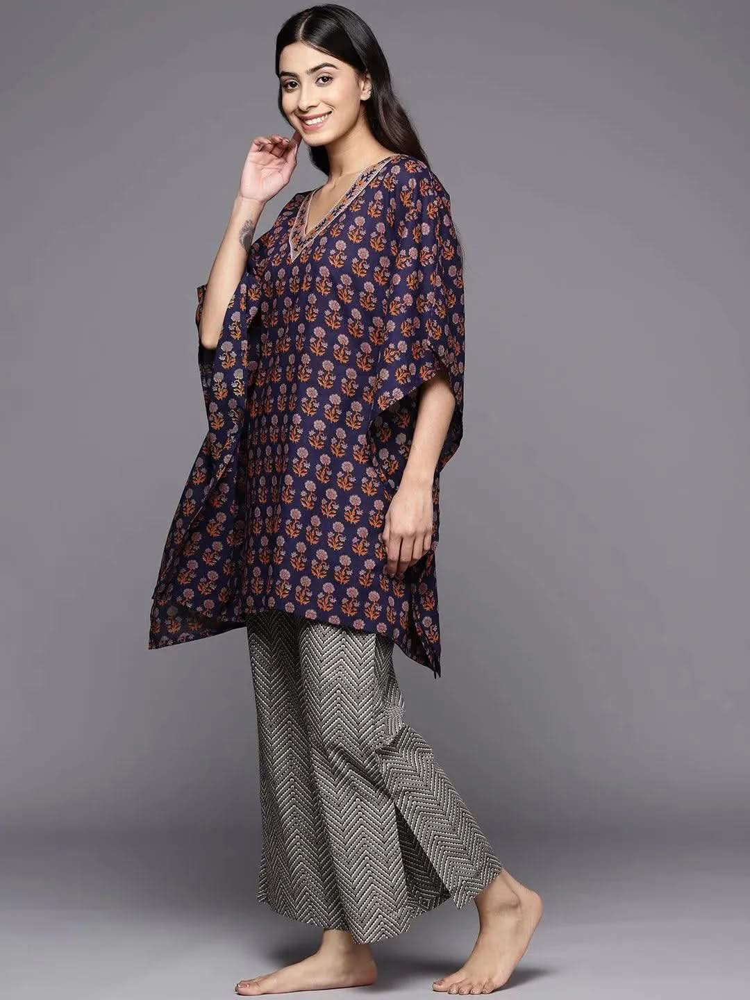 Navy Blue Printed Cotton Night Suit - Libas