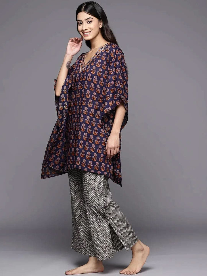 Navy Blue Printed Cotton Night Suit - Libas