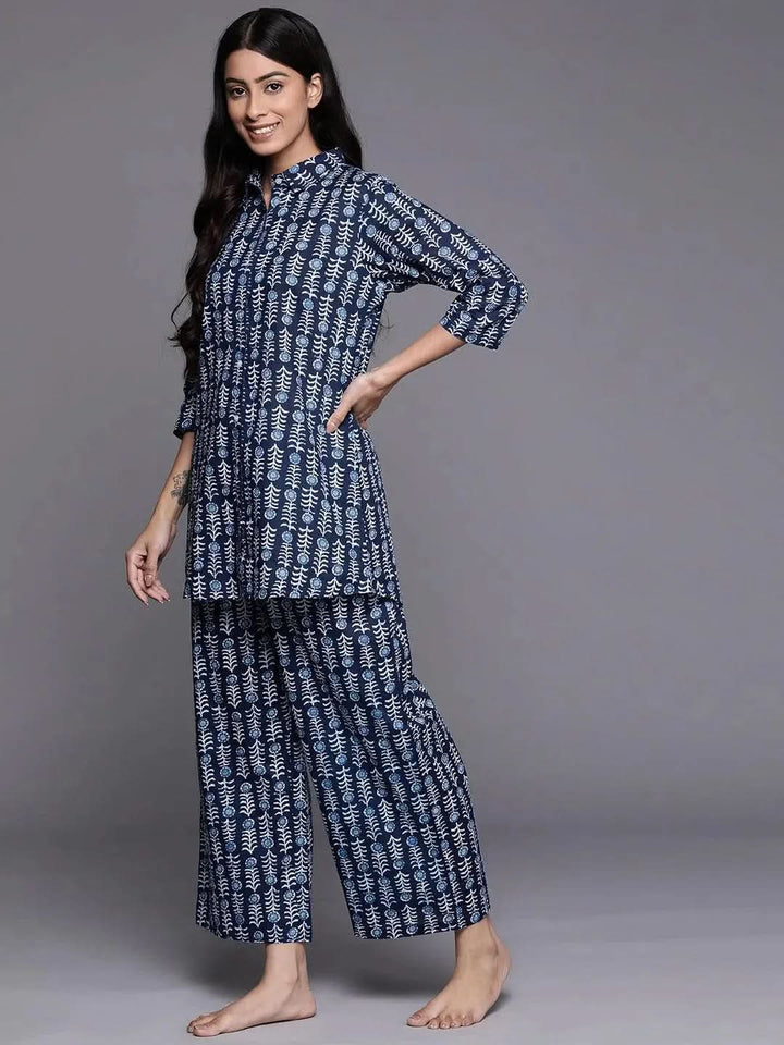 Navy Blue Printed Cotton Night Suit - Libas