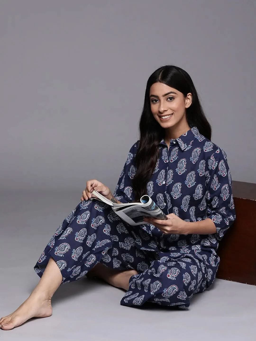 Navy Blue Printed Cotton Night Suit - Libas