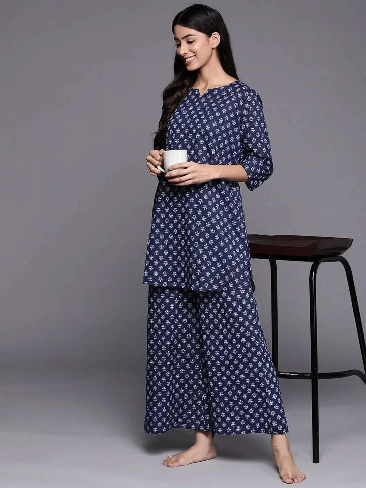 Navy Blue Printed Cotton Night Suit - Libas
