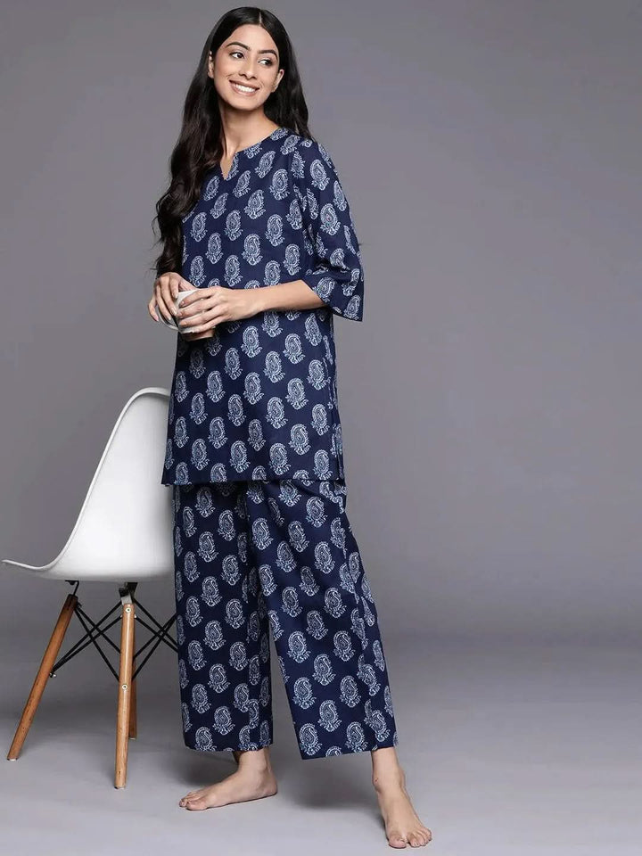 Navy Blue Printed Cotton Night Suit - Libas