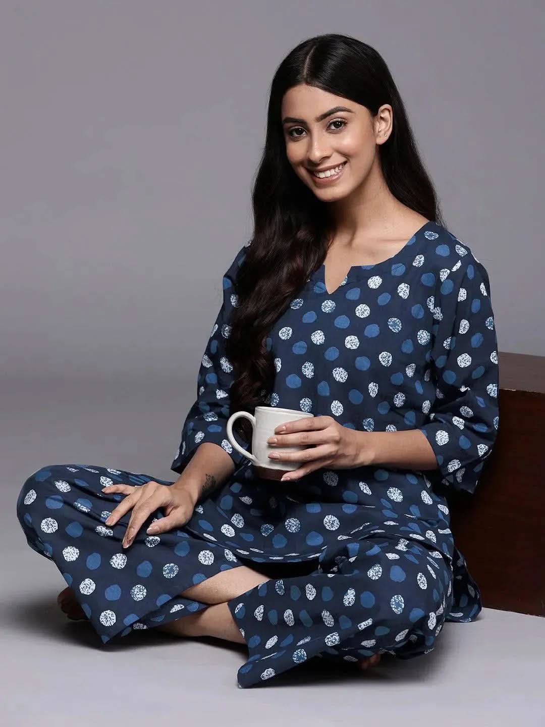 Navy Blue Printed Cotton Night Suit - Libas