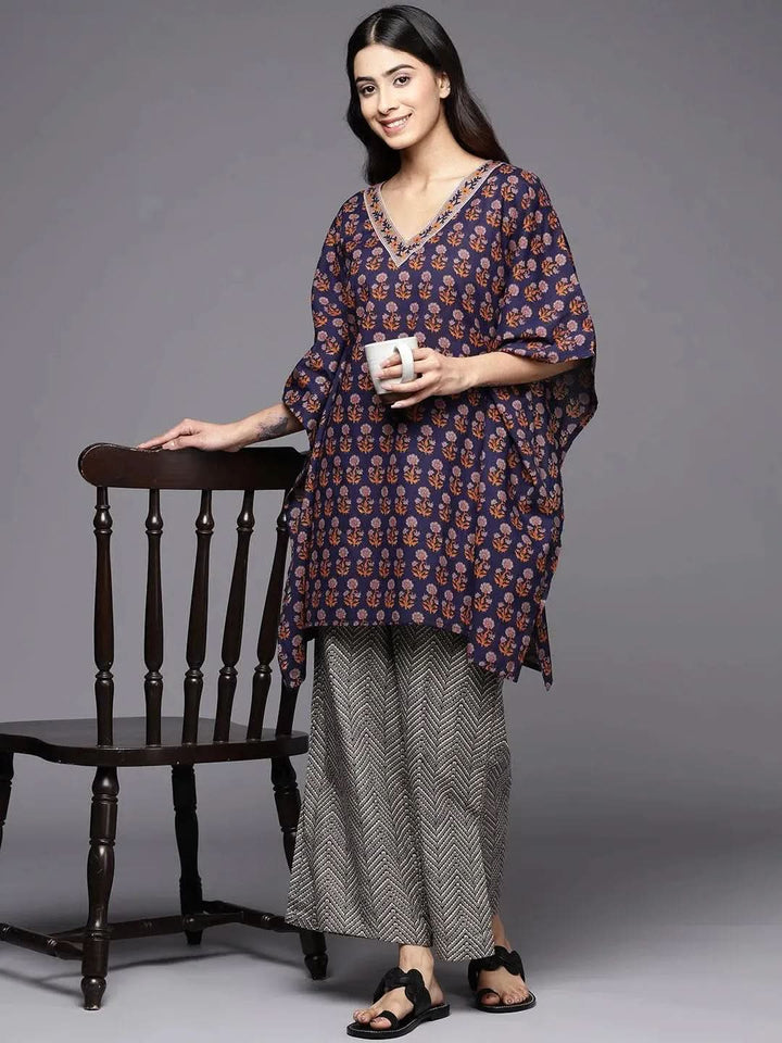 Navy Blue Printed Cotton Night Suit - Libas