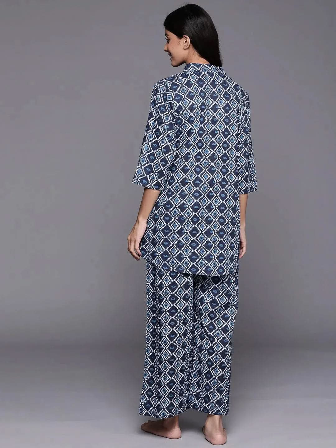 Navy Blue Printed Cotton Night Suit - Libas