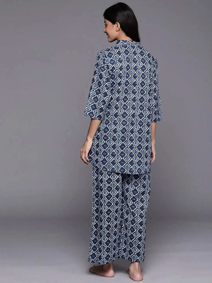 Navy Blue Printed Cotton Night Suit - Libas