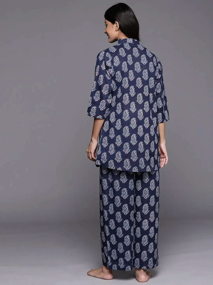 Navy Blue Printed Cotton Night Suit - Libas