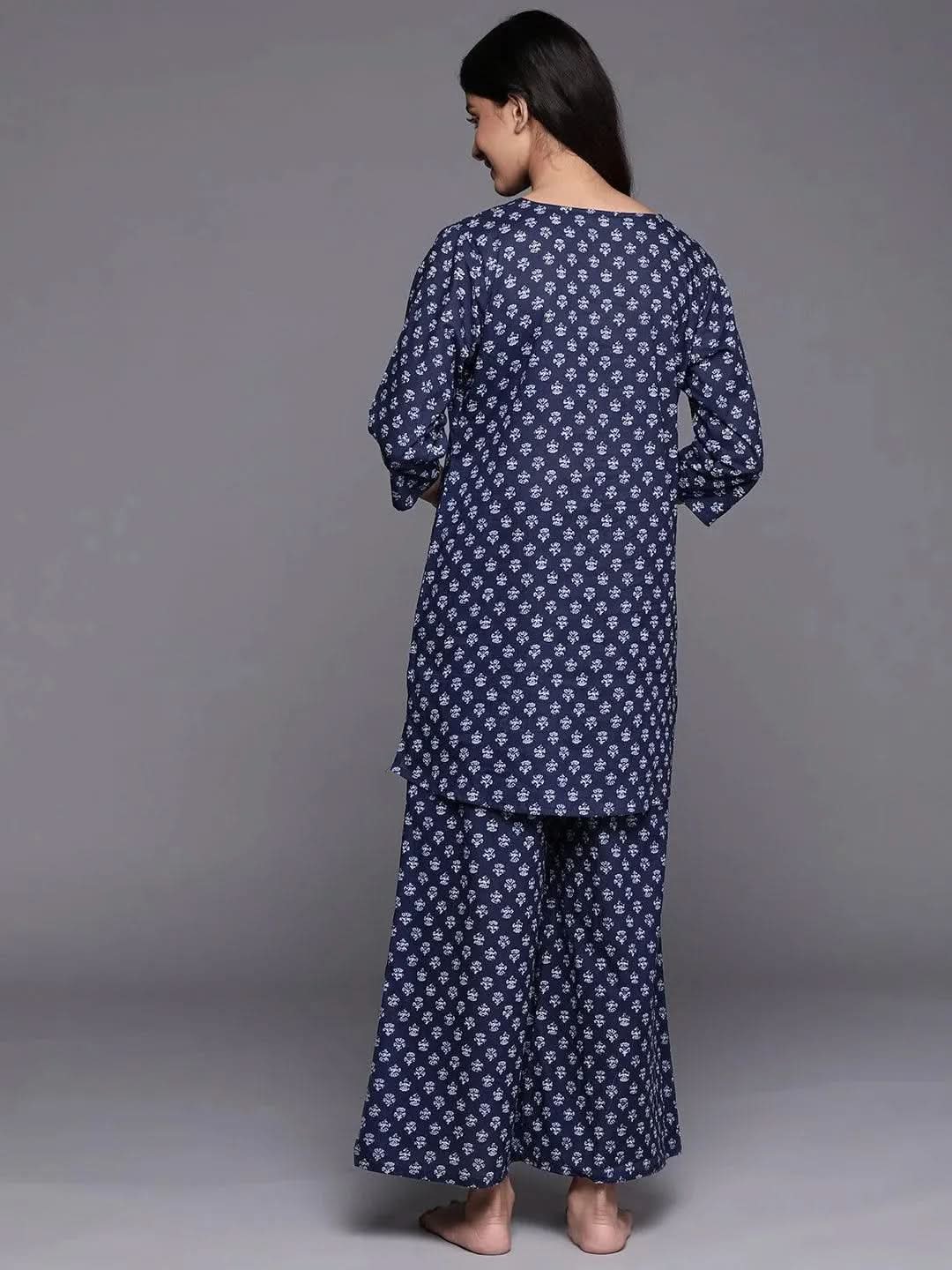 Navy Blue Printed Cotton Night Suit - Libas