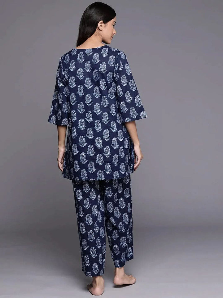 Navy Blue Printed Cotton Night Suit - Libas