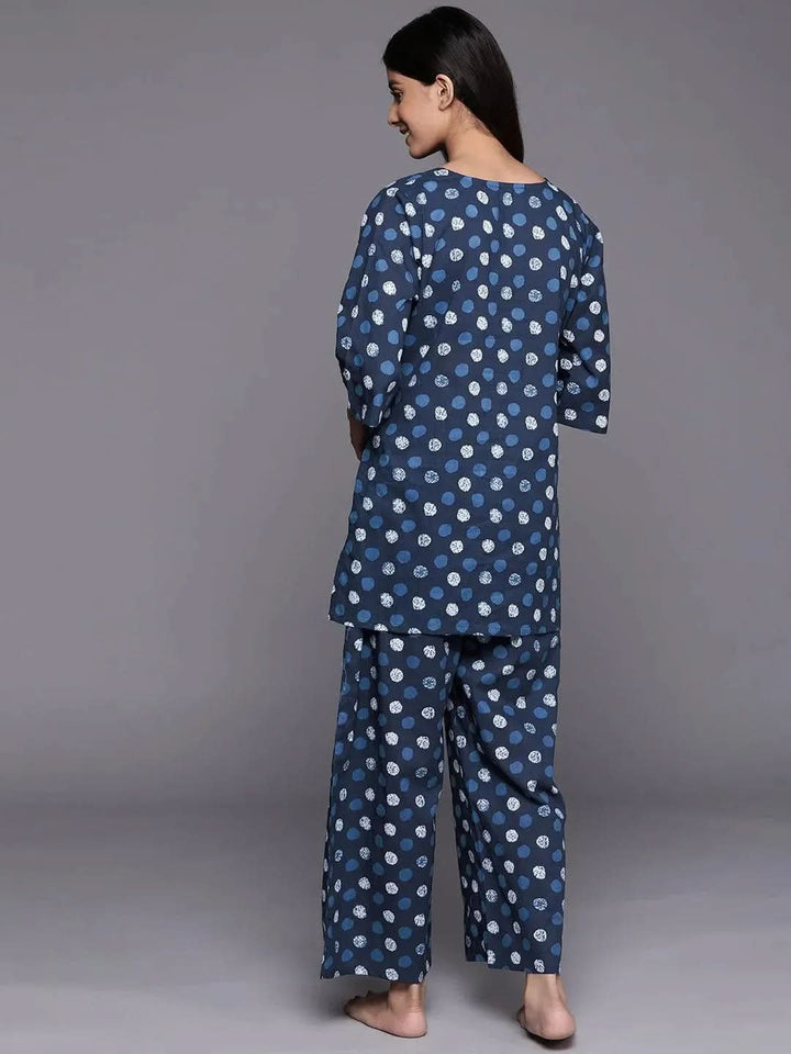 Navy Blue Printed Cotton Night Suit - Libas