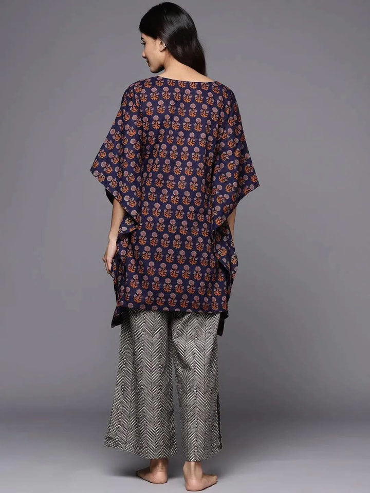 Navy Blue Printed Cotton Night Suit - Libas