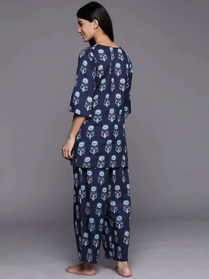 Navy Blue Printed Cotton Night Suit - Libas