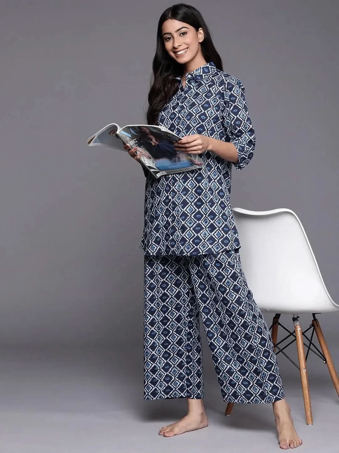Navy Blue Printed Cotton Night Suit - Libas